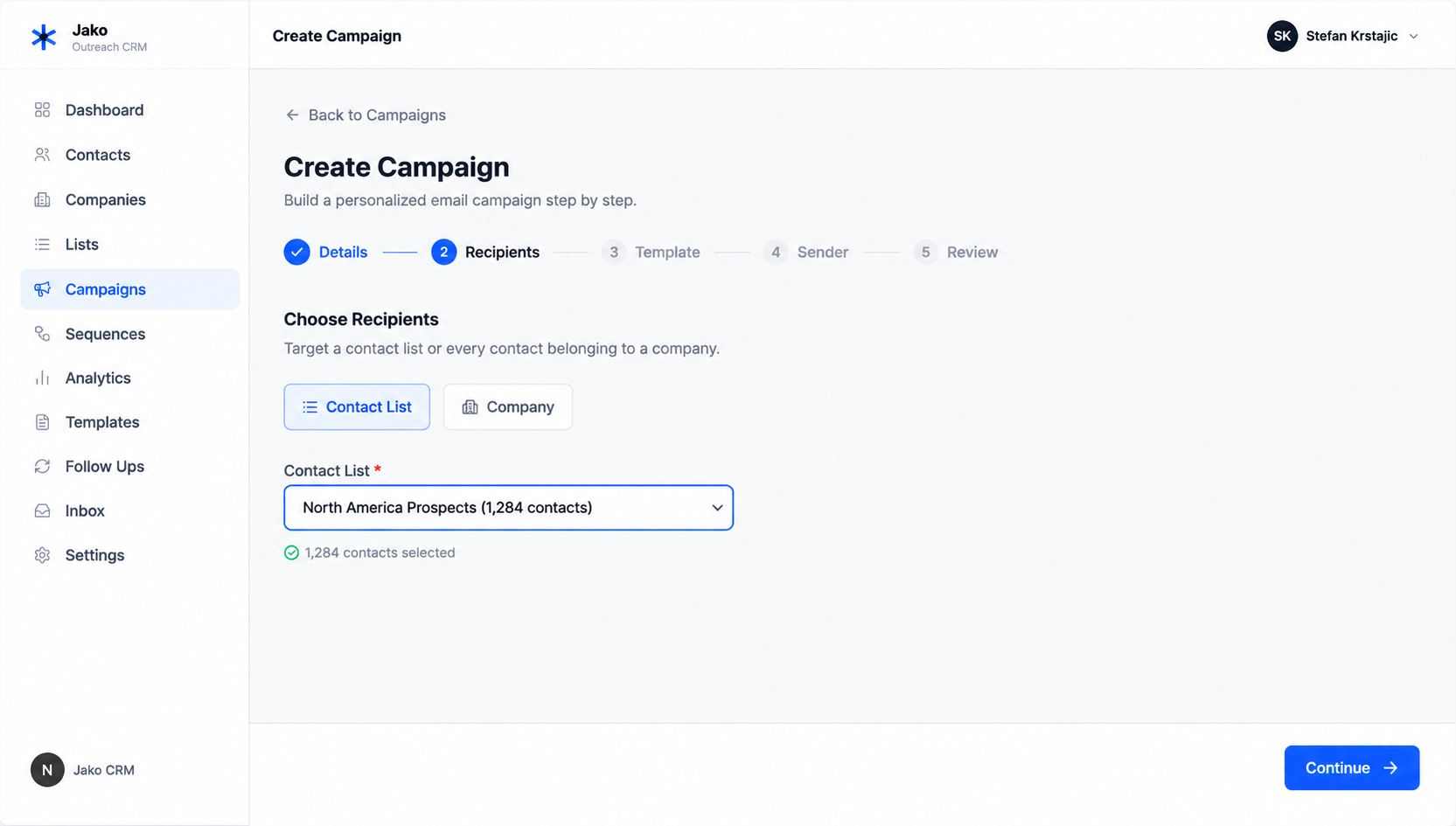 Jako campaign builder for creating and previewing personalized email campaigns.