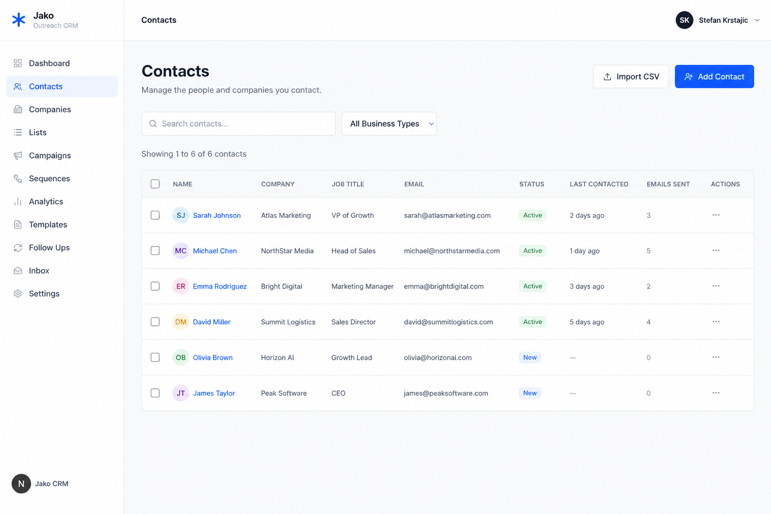 Jako contacts and companies workspace for organizing customer relationships.